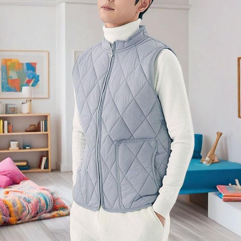 Autumn Winter New Men Thin Down Cotton Coat Vests Stand Collar Solid Zipper Pockets Fashion Casual Loose Sleeveless Cardigan Top