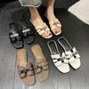 High-end Small Gold Buckle One-word Slippers Women's 2025 Summer Wear Seaside Beach Shoes Fashion Square Head Flat Bottom Sandals