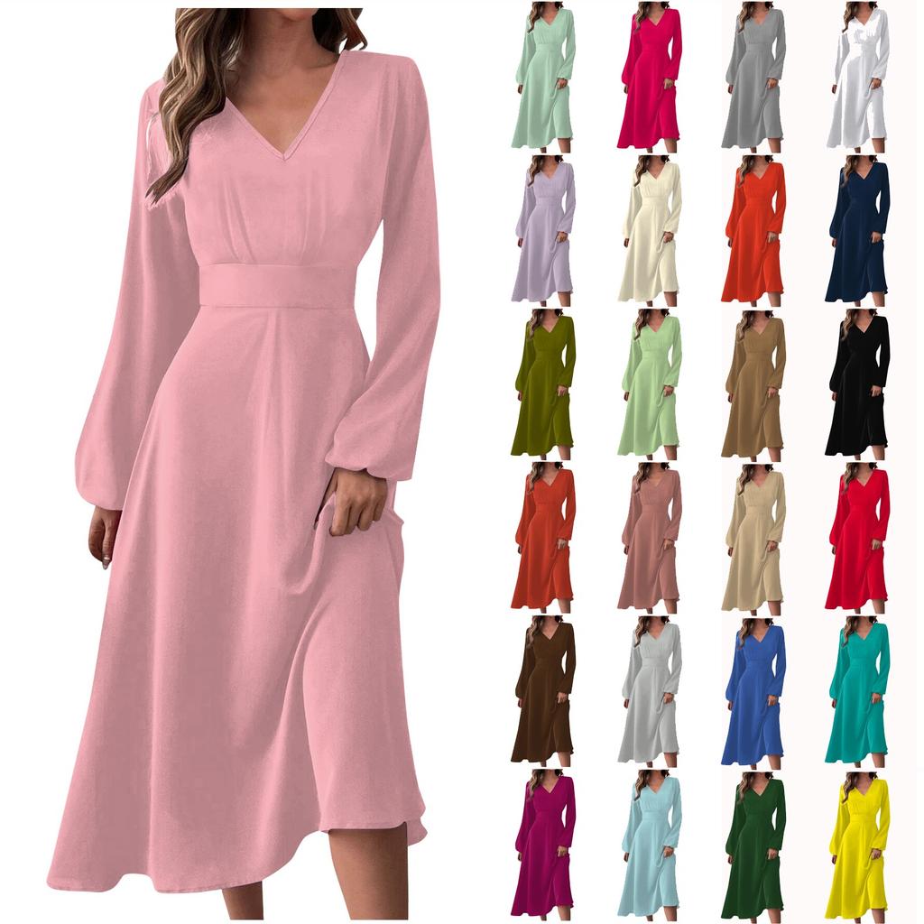 Women's Autumn And Winter Casual Fashion V-neck Long Sleeve Solid Color Long Dress