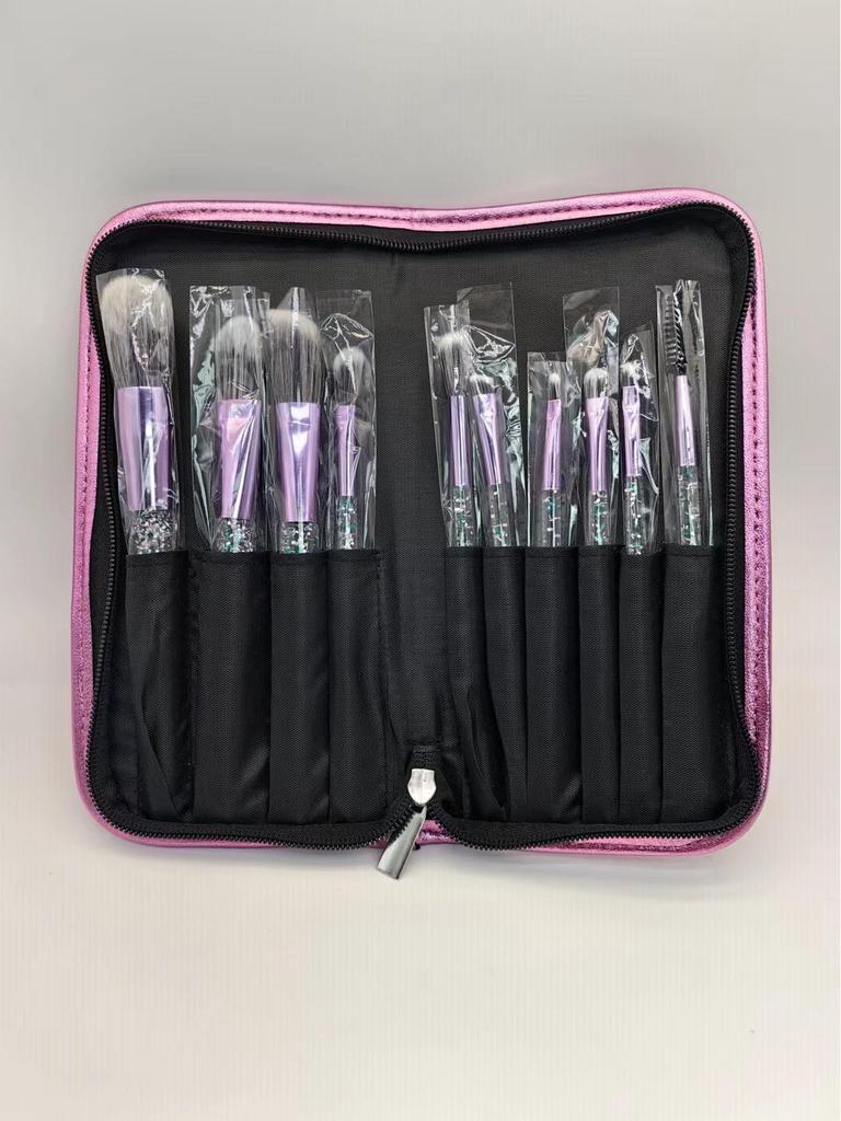 Crystal Handle 10-Piece Makeup Brush Set with Glitter, Fiber Hair for Face & Eye
