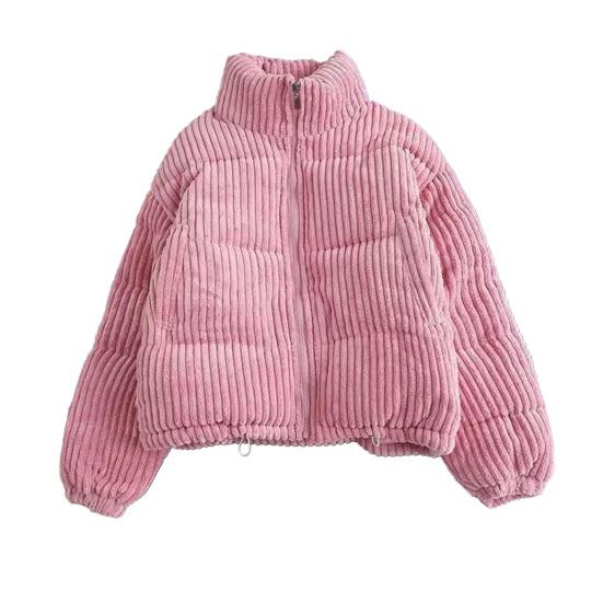 Women Auutmn Winter Coat Stand Collar Neck Protection Striped Texture Loose Thick Long Sleeve Solid Color Heat Retention Lady Outdoor Jacket