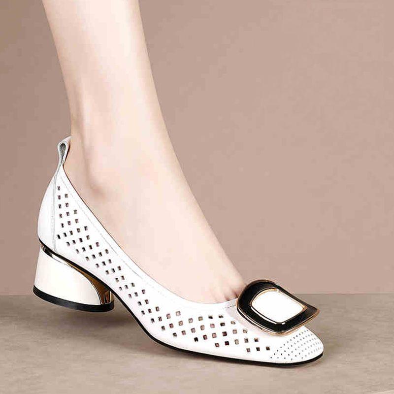 Shoes for Woman 2024 Office Square Toe Women's Summer Footwear with Medium Heels Normal Leather Casual White Sandals On Sale A E