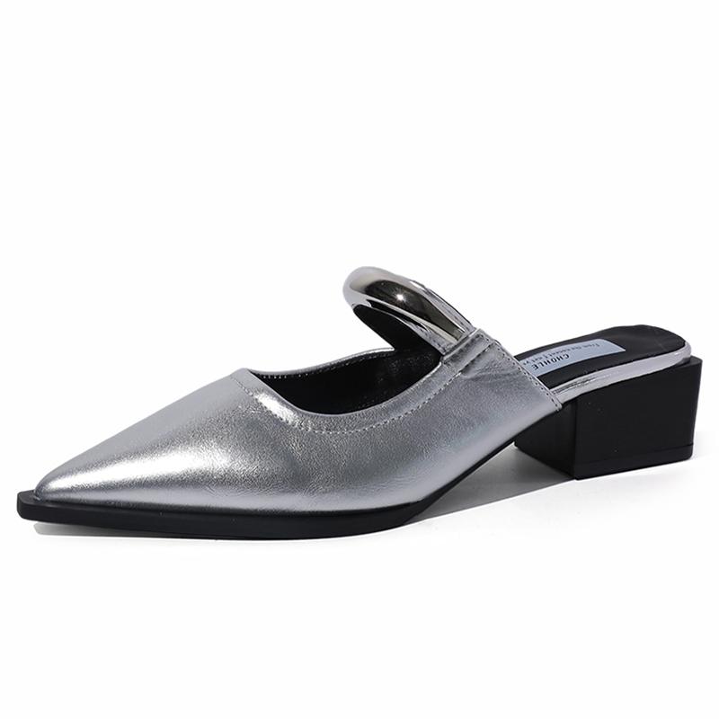 Summer Women Cover Toe Mules Slippers Fashion Metal Decoration Thick Heel Slide Shoes Comfort Street Style Footwear