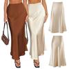 Maxi Skirt Women High-Waist Smooth Satin Long Skirt with Zipper Solid Color Spring