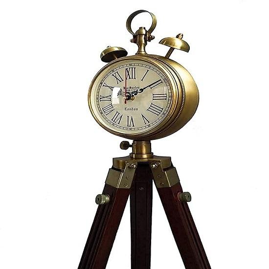 Two Bell Antique Floor Clock Wooden Adjustable Tripod Stand