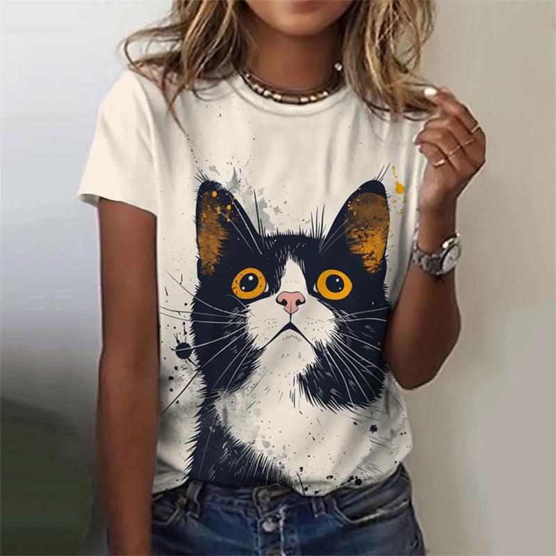 3D Printed Cute Animal T Shirt For Women Funny Cat Pattern Tees Summer Harajuku T-Shirts Round Neck Tops Loose Short Sleeves