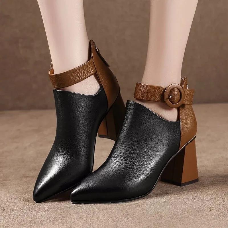 Women Ankle Boots Black Chunky High Heel 7CM Color Matching Buckle Bota Back Zip Casual Female PU Learther Botines Chelsea