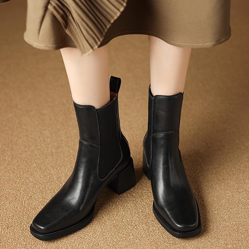 2025 New Split Leather Boots Women Square Toe Elastic Band Chunky High Heels Autumn Winter Ankle Boots Ladies Office Dress Shoes