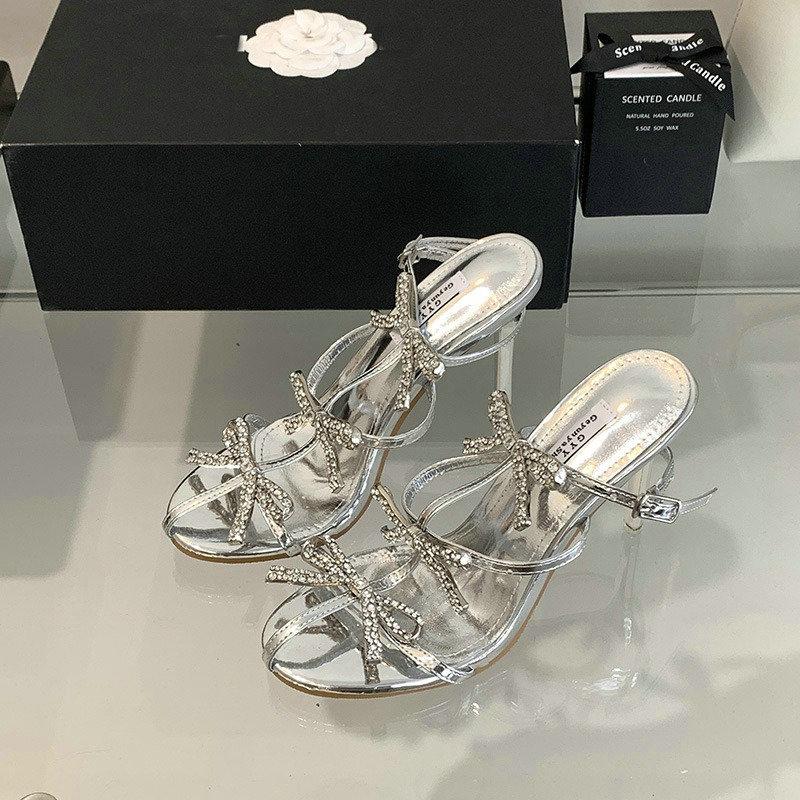 Fashion Advanced Sense ~! Silver Patent Leather Rhinestone Bow Pointy Half Slippers For Women With Fine Heels And High Heels