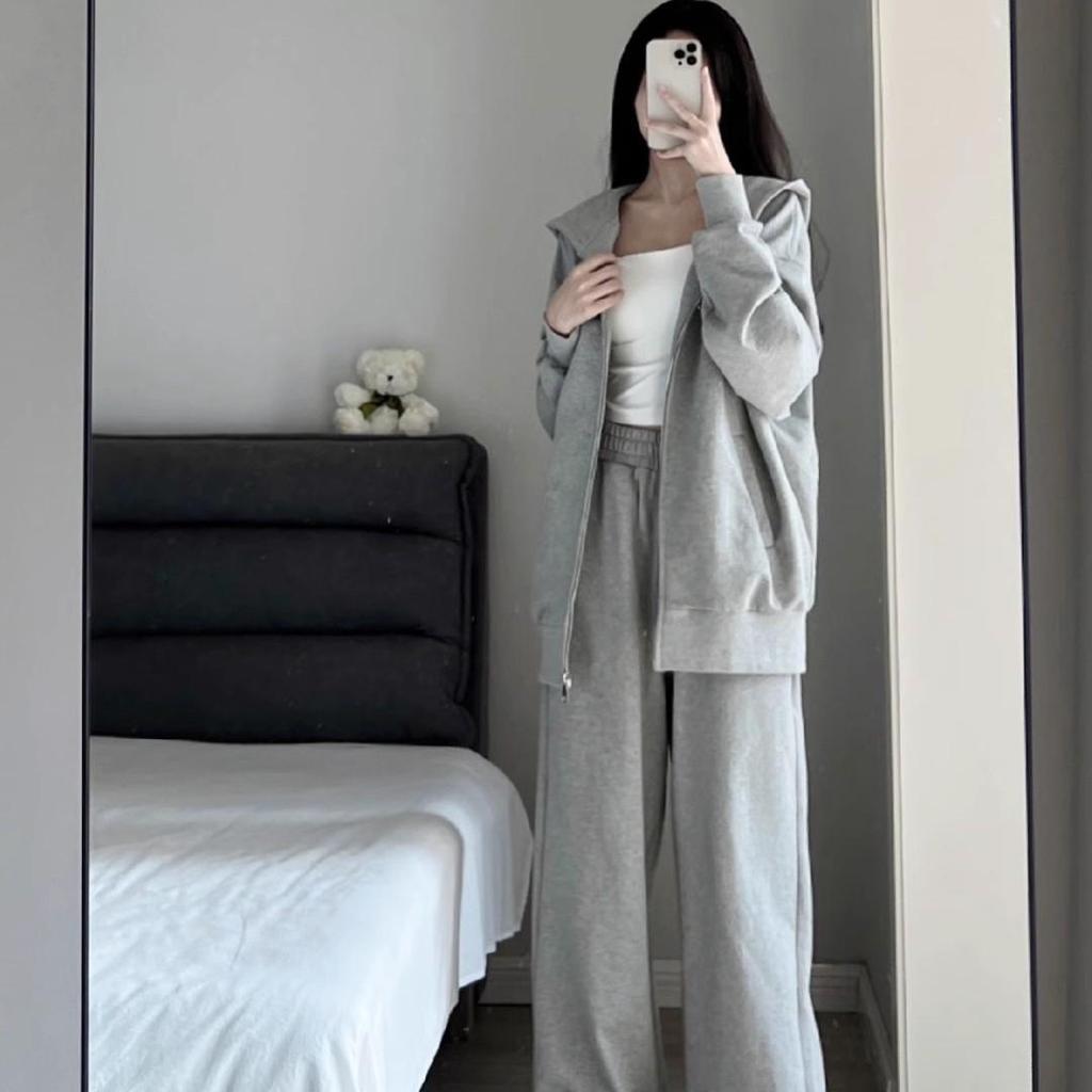 Gray Casual Sportswear Set: Women's Plus Size Autumn/Winter Korean-Style Sweatshirt & Sweatpants, 2-Piece