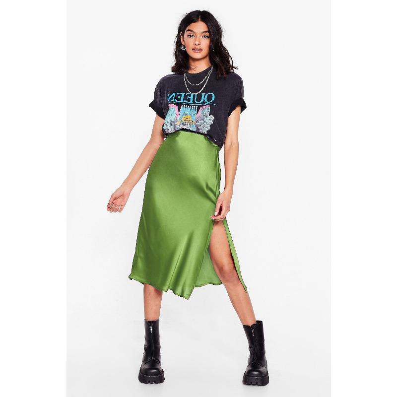 Elegant Temperament, High-quality Acetate Satin Elastic High-waist Split Mid-length Skirt