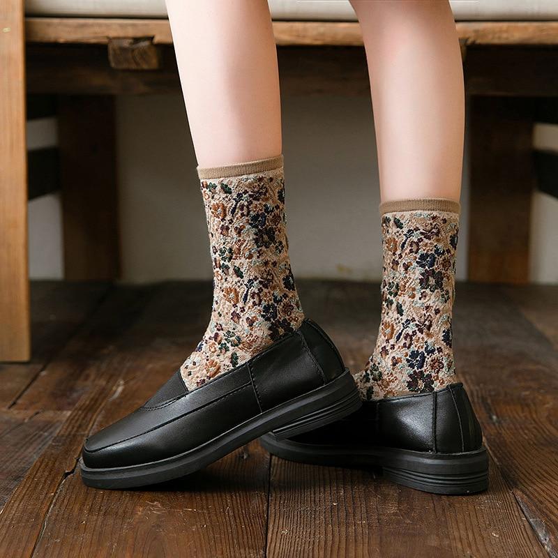 Winter Warm Flower Vintage Socks Women Korean Ins Fashion Kawaii Harajuku Mori Girl Socks Skarpetki Kobieta Femme Chaussettes
