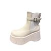 High Platform Ankle Boots Women Chunky Heel Chelsea Boots PU Leather Back Zip Belt Buckle Design Black Short Boots Botas Mujer