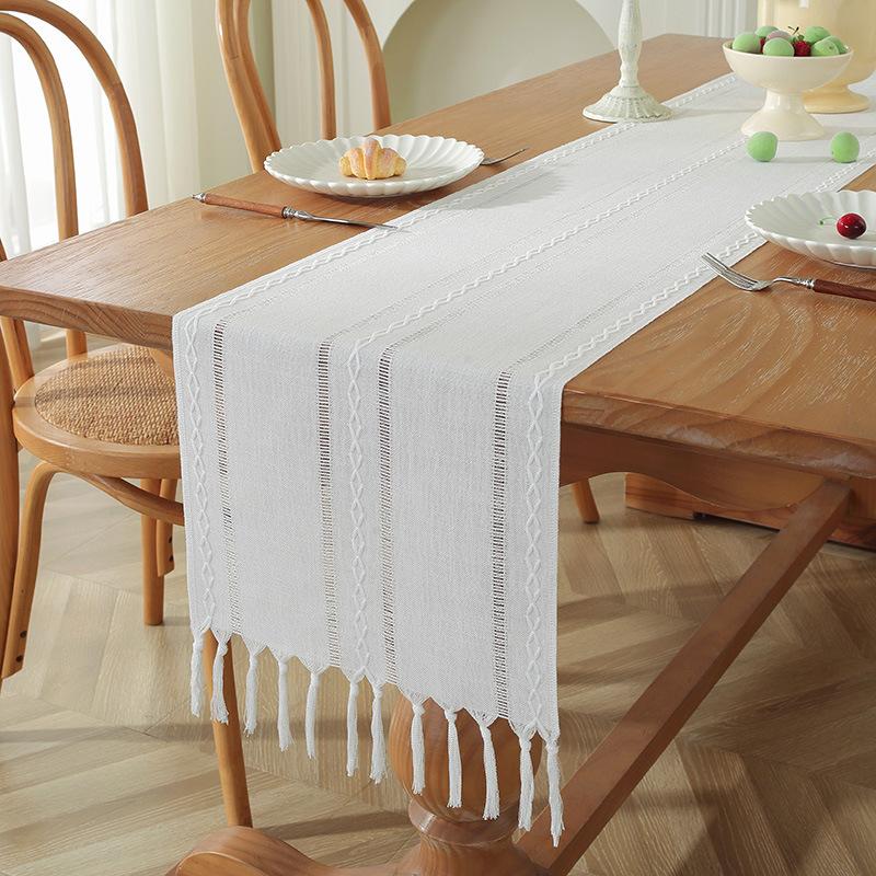 Hand Woven Solid Color Lace Table Runner with Fringe for Farmhouse Christmas Dining Table Decor