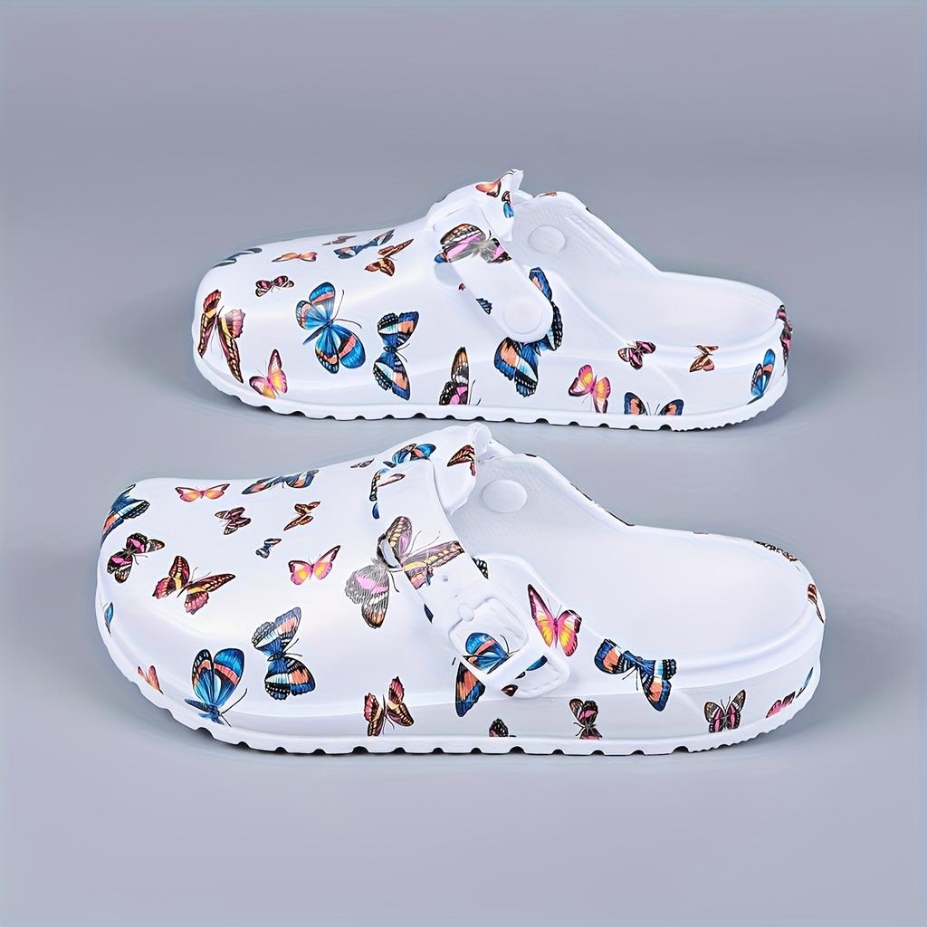 Women's Lightweight EVA Clogs - Slip- Soft Sole Flat Shoes with Butterfly Print & Arch, Adjustable Buckle & Cushioned Insole - White with Multicolor