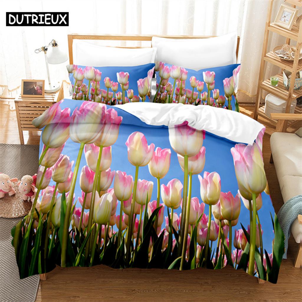 Sky Tulip Lovers Queen Bedding Set Duvet Cover Kids Bedroom Bed Set Comforter Cover Set King Size Duvet Cover Set Bedding Sets