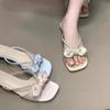 Cool Slippers Women's Summer Wear New Bow Rhinestone Belt Sweet Square Head Word Sandals