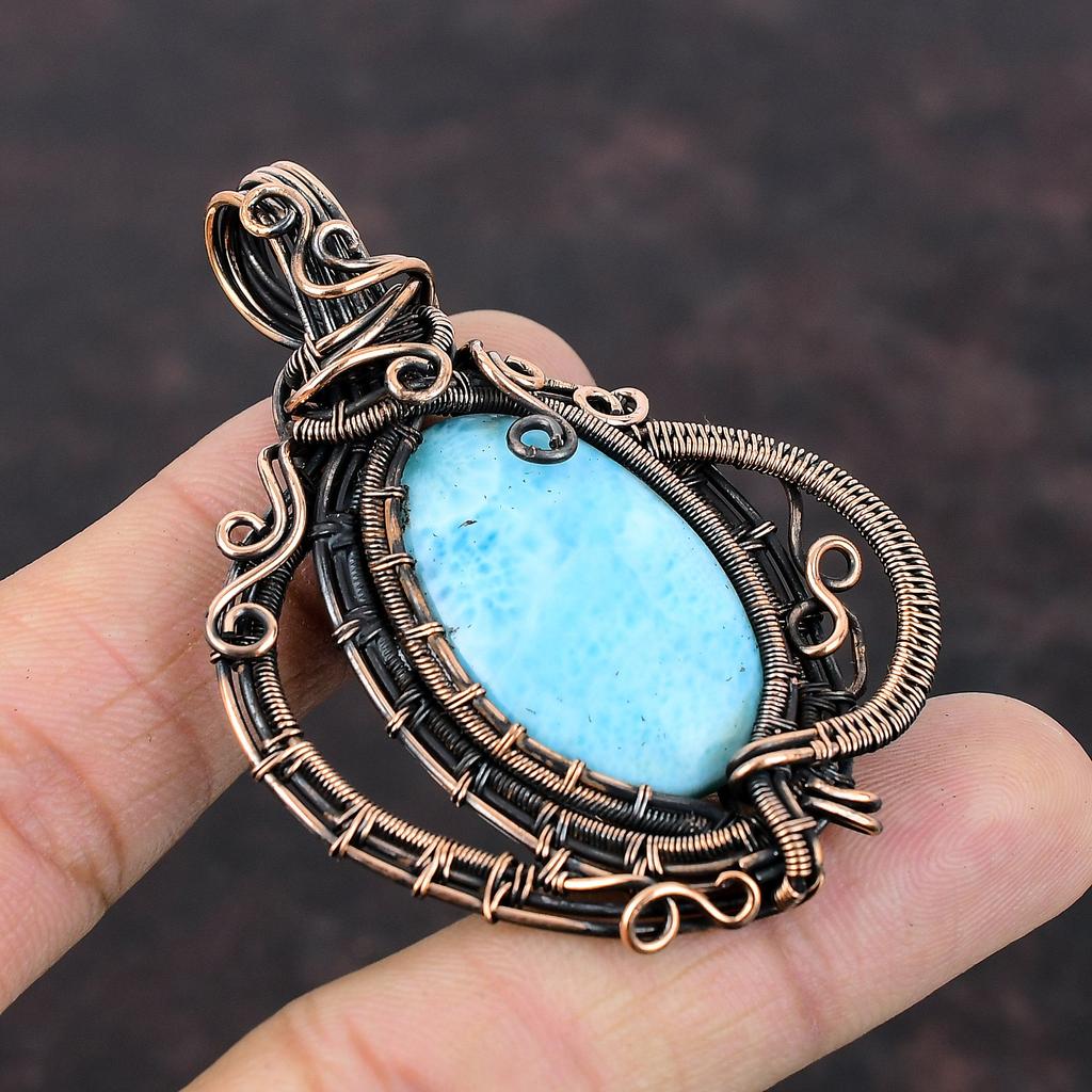 Larimar Pendant Copper Wire Wrapped Pendant Natural Gemstone Pendant Copper Jewelry Handmade Pendant Wire Wrap Larimar Jewelry Gift For Him