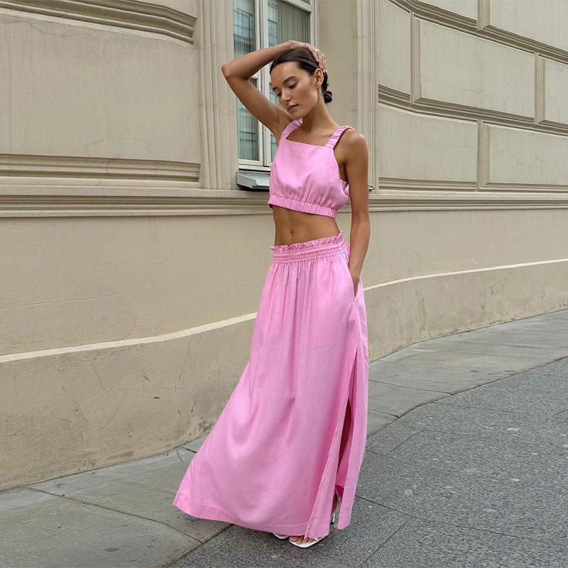 Summer Cotton Linen Women's Suspender Half Skirt Set Short Vest Casual Solid Color Set Female Split Long Skirt Matching Sets
