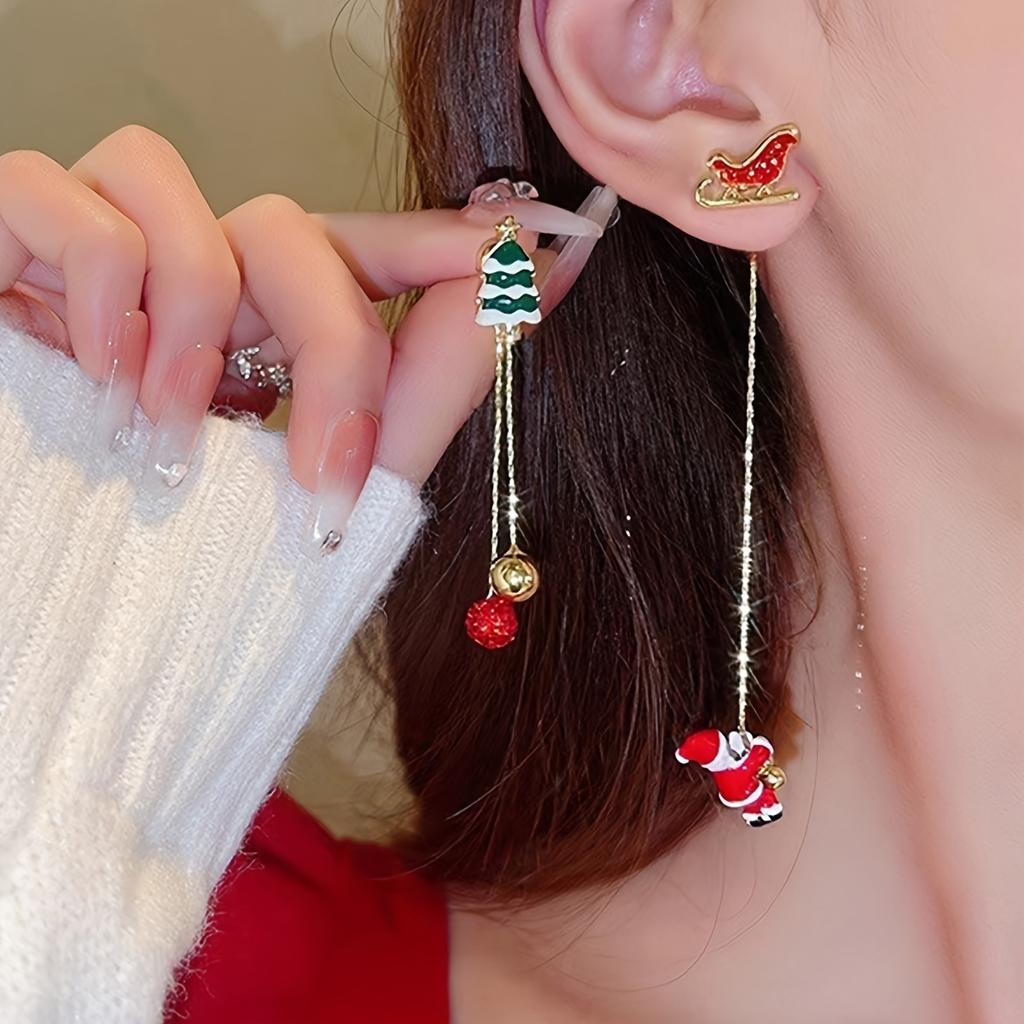 1pc Elegant Cute Style Christmas Earrings Climbing Santa Claus Design Colorful Unique Asymmetrical Long Tassel Earrings Fashion Festival Party Gift