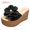 Fashion Aphixta 9cm Heels Slides Pearl Crystals Appliques Shoes Woman Slippers Flip Flops Wedge Heel Platform Woman Beach Zapatos Mujer