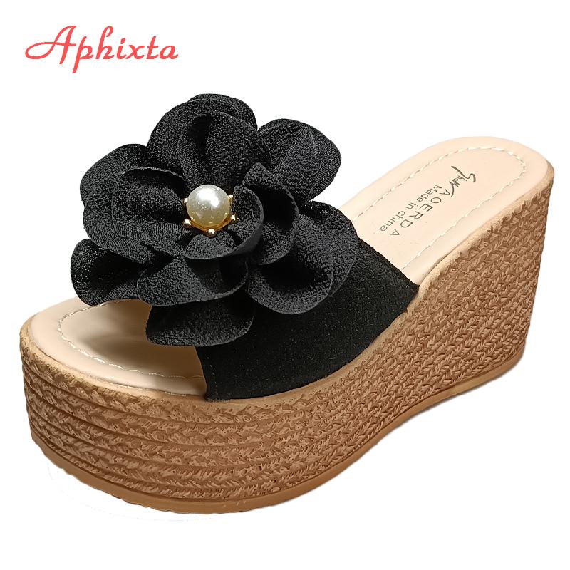 Fashion Aphixta 9cm Heels Slides Pearl Crystals Appliques Shoes Woman Slippers Flip Flops Wedge Heel Platform Woman Beach Zapatos Mujer