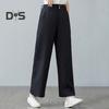 Women Casual Pants Elastic High Waist Buttons Zipper Fly Long Trousers with Pockets Solid Color Straight Wide Leg Slacks Daily Wear