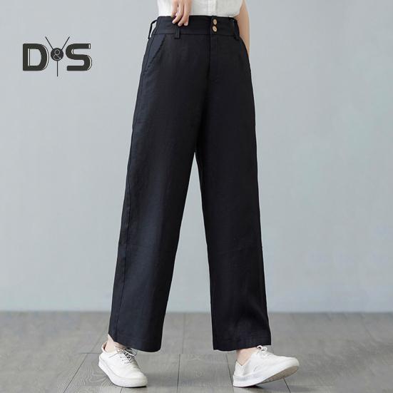 Women Casual Pants Elastic High Waist Buttons Zipper Fly Long Trousers with Pockets Solid Color Straight Wide Leg Slacks Daily Wear