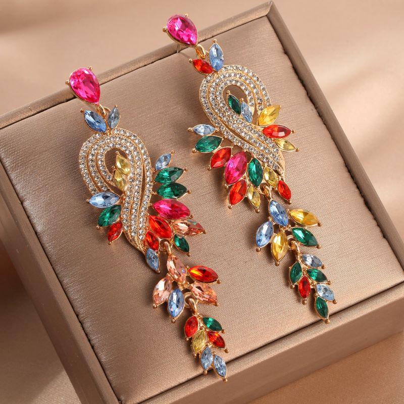 2023 Retro Long Leaf Tassel Teardrop Rhinestone Earrings