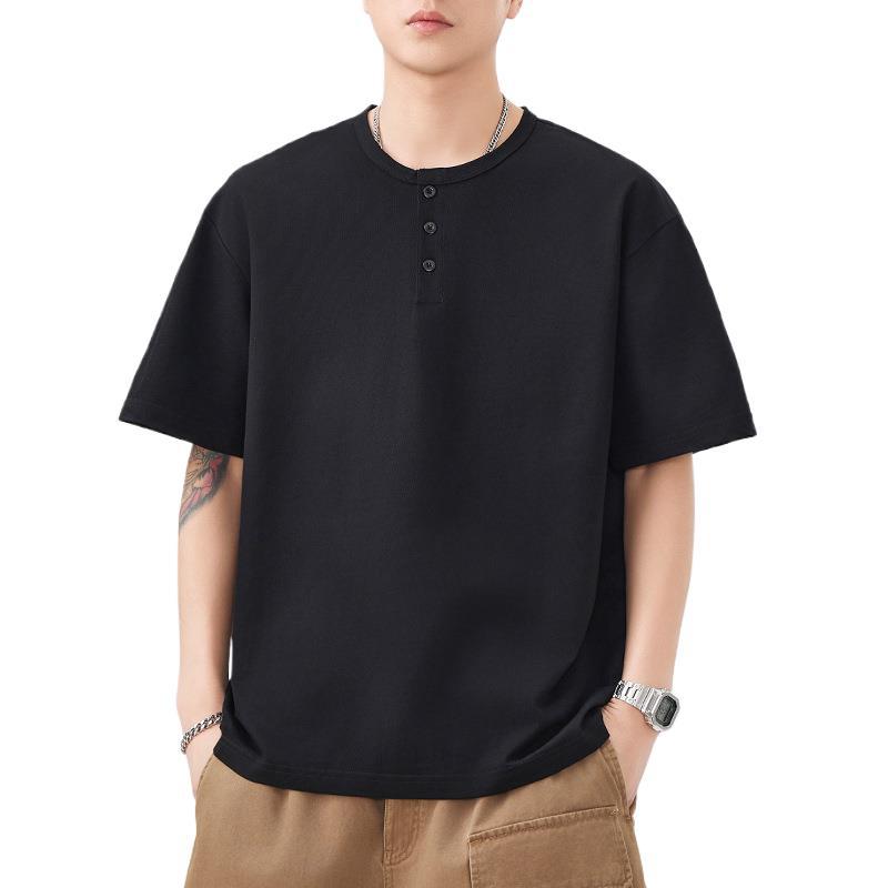 New Summer Short-sleeved T-shirt Men's Button Pullover T-shirt Japanese Five-quarter Sleeve Loose