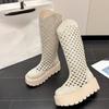 Fashion Women's High Boots Round Head Flannelette Mesh Back Zipper Waterproof Platform Anti-slip and Wear-resistant Mid-heels