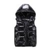 Men Cotton Vest Autumn Winter Hooded Sleeveless Zipper Placket Jacket with Pockets Solid Color Glossy Finish Down Quilted Vest Coat