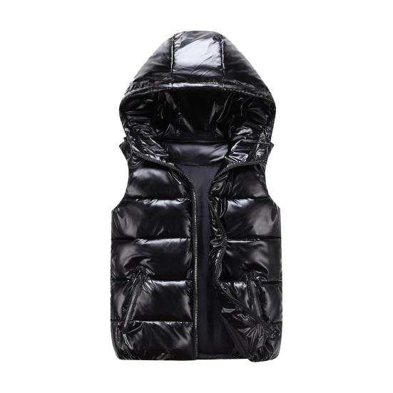 Men Cotton Vest Autumn Winter Hooded Sleeveless Zipper Placket Jacket with Pockets Solid Color Glossy Finish Down Quilted Vest Coat