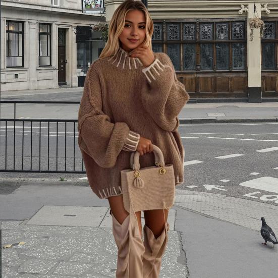 Women Oversized Pullover Sweater Turtleneck Long Sleeve Patchwork Color Winter Knitting Tops