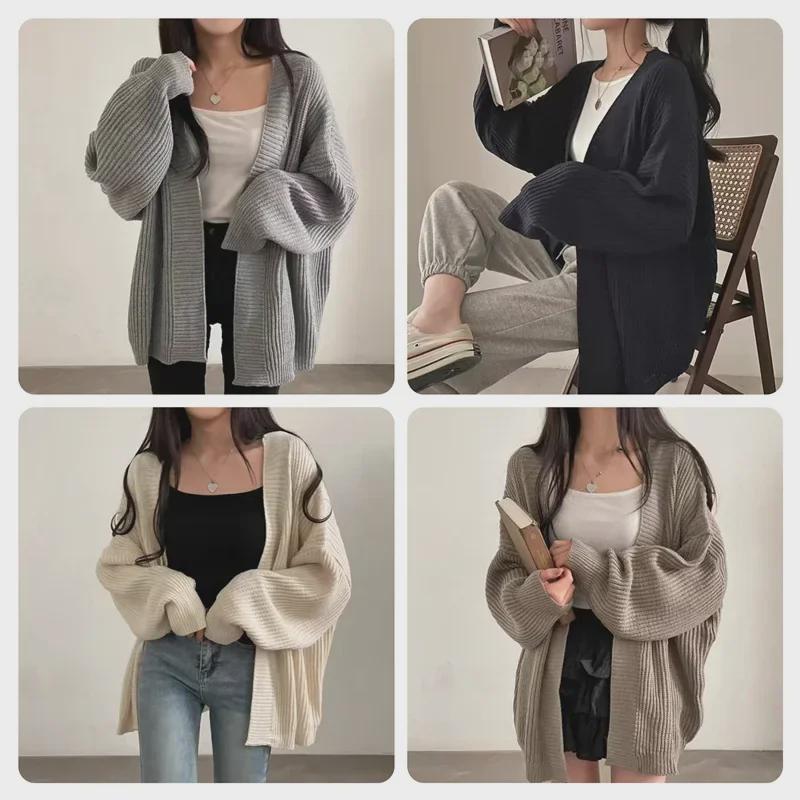 Women's Cozy Solid Color Mid-Length Knit Cardigan Sweater for Autumn and Winter