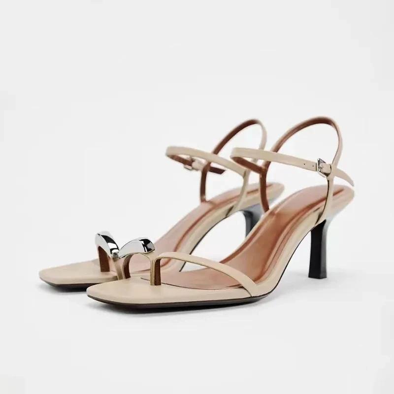 TRAF Womans Black Leather High Heel Sandals Sexy Pointed Toe Slingback Metal Buckle Pumps Sandals Summer Party High Heel Sandals