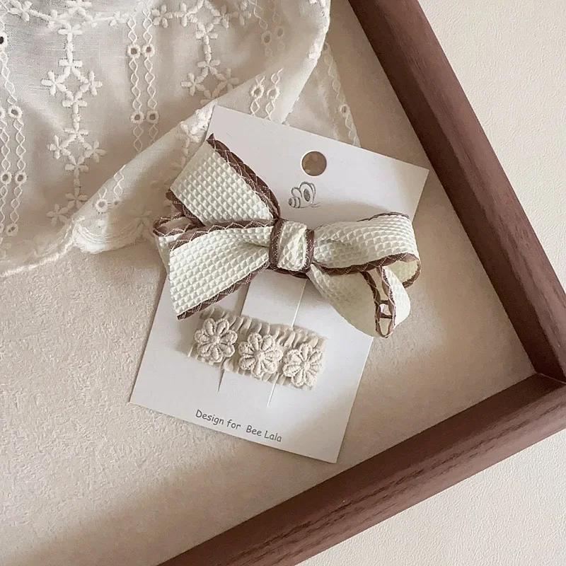 Autumn Winter Cute Kids Girl Hair Clip Retro Princess Beige Coffee Color Bow Floral Hair Pin Little Girl Hair Styling Headwear