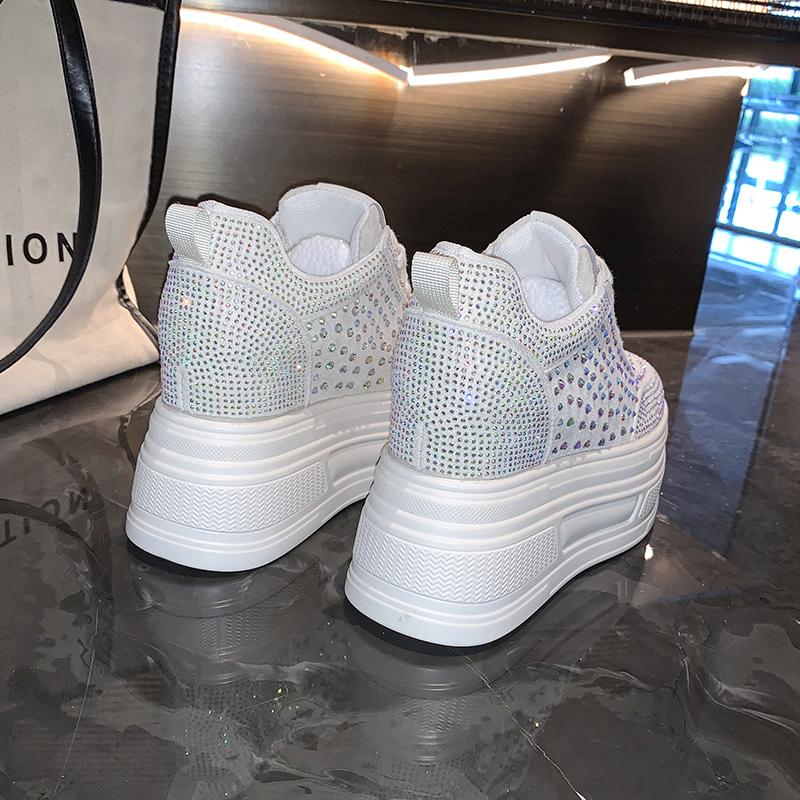 Fashion 10cm Crystal Synthetic Microfiber Chunky Sneakers Women Shoes Platform Wedge Hidden Heels Sandals Leather Pumps Flats