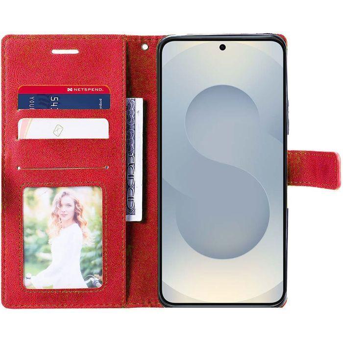 Protective Case - BOOLING - Red Synthetic Leather Flip Case - 2 Tempered Glasses - for Samsung Galaxy S25+