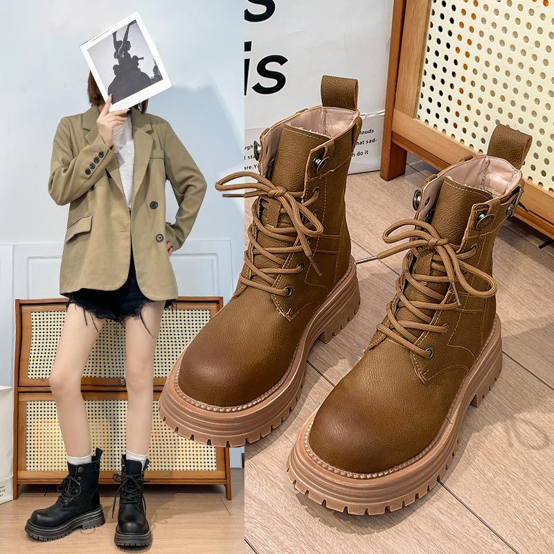 Vintage Martin Boots Women's 2024 British Style Lace-up Thick Heel Big Yellow Boots New Thick-soled Western Tooling Short Boots Tide