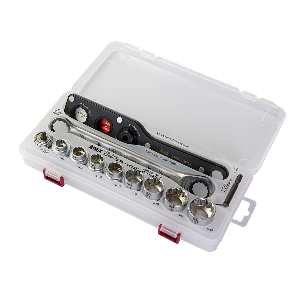 ANEX Offset Adapter 19 Set, 19 Mm Hex, Ratcheting Wrench with Sockets and Case, AOA-19S3