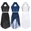 Kids Two Piece Performance Costume Sequin Crop Top Hollow Front Keyhole Back Irregular Chiffon Skirt Dance Outfit Set