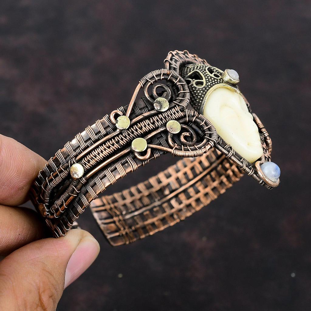 White Carved Bone Face Cuff Bracelet Copper Wire Wrapped Gemstone Bangle Adjustable Cuff Bracelet Moonstone Bangle Handmade Copper Jewelry