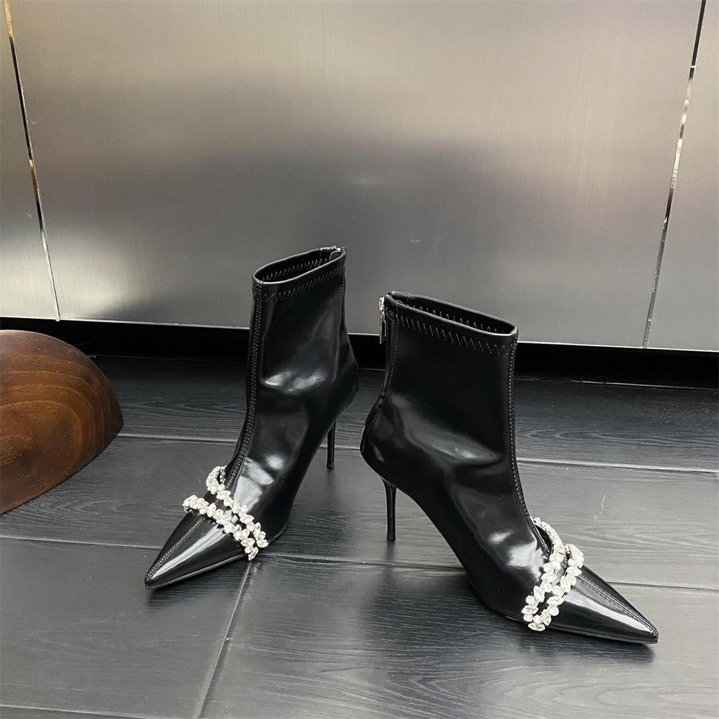 Spice Girls Pointed Rhinestone Sexy Boots Temperament and Ankle Boots 2024 Autumn French Rear Zipper Fashion Boots Stiletto