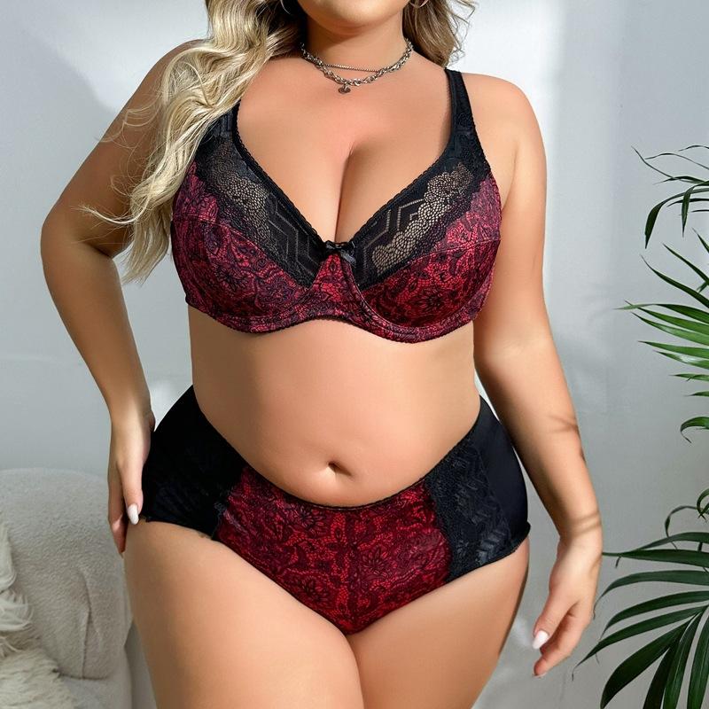 European and American Plus-size Printed Bra and Panty Set with Lace Underwire and Mid-waist Printed Briefs