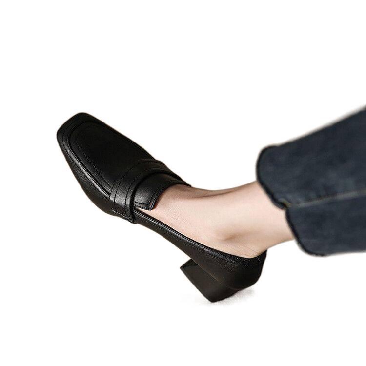 Women's Chunky Heel Retro Square Toe Loafers - Genuine Leather, Clearance, Spring/Autumn 2025