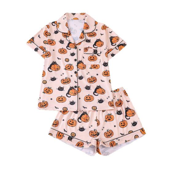 Halloween Pajama Sets for Women Button Down Short Sleeve 2 Piece Sleepwear Pumpkin Print Shirts And Shorts Pjs Lounge Set