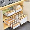Bowl Dish Storage Rack Large Capacity with Adhesive Rail Pull Out Sliding Drawer Cabinet Organizer Detachable Drainage Plate Heavy Duty Slide Out