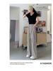 Women's Korean Pinstripe Wide-Leg Pants - Summer Casual, Loose Fit, Elastic Waist & Drawstring, Textured Straight-Leg.