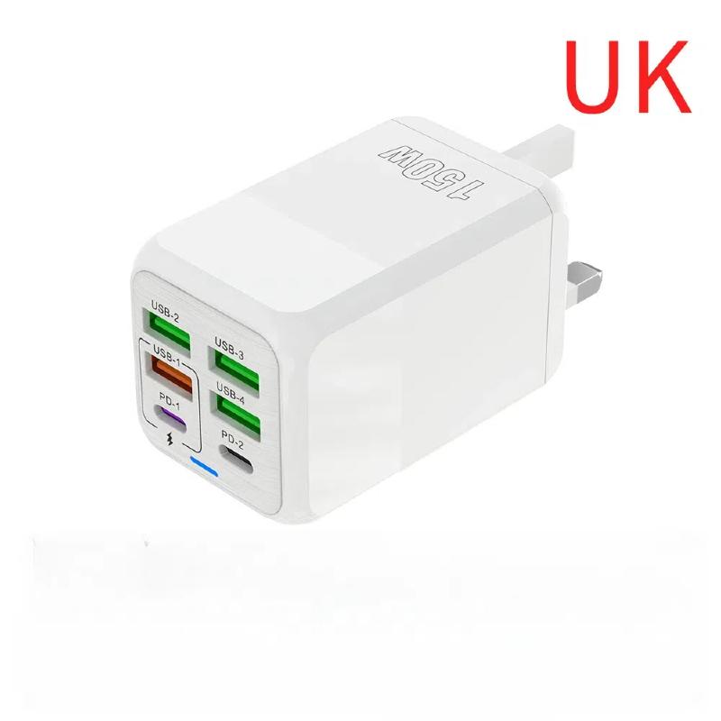 150W Ultra Fast Charger 6 Ports PD QC 3.0 Cable 6A Super High Speed Fast Charger EU US UK Plug For iPhone Samsung